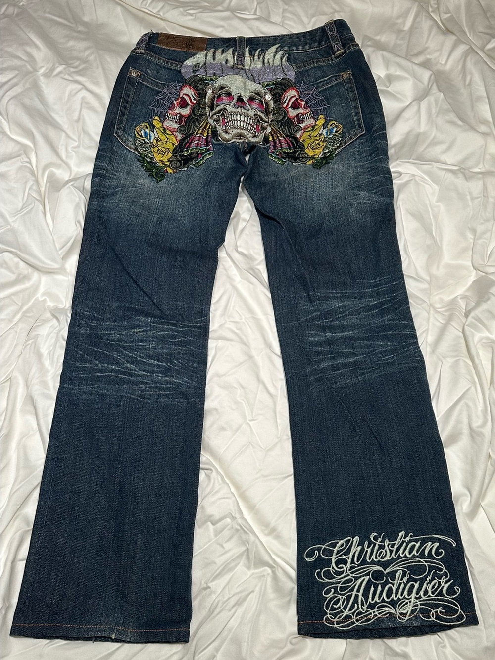 Vintage Y2K Christian Audigier Triple Skull Embroidered Bootcut Jeans W30 L34 - Picture 2 of 8